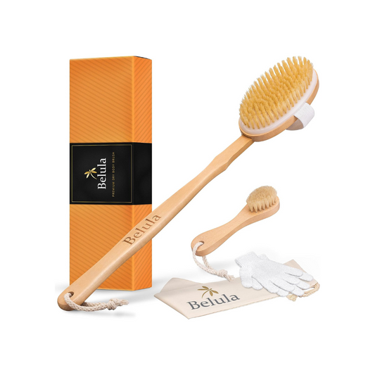 Belula Premium Dry Brushing Body Brush Set- Natural Boar Bristle Body Brush, Exfoliating Face Brush & One Pair Bath & Shower Gloves. Free Bag & How To – Great Gift For A Glowing Skin & Healthy Body