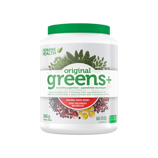 Genuine Health Greens+ Original, 60 servings, 566g, Superfoods, antioxidants and polyphenols to nourish and energize your body, Mixed berry flavoured powder, Dairy and gluten-free